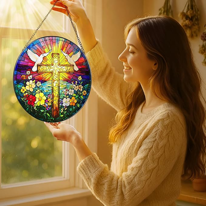 8'' Cross Stained Glass Ornament, Religious Suncatcher, Christian Window Hanging Decor, Easter Decor, Gifts for Christmas, Religious Gift, Christian Gift