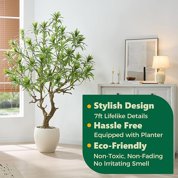 7FT Large Luxury Artificial Dracaena Reflexa Tree with Pot, Extra Lush Stereoscopic Shape, 5 Minutes Easy Set-up, Tall Indoor Fake Plant, Realistic Trunks & Leaves for Home, Office Décor