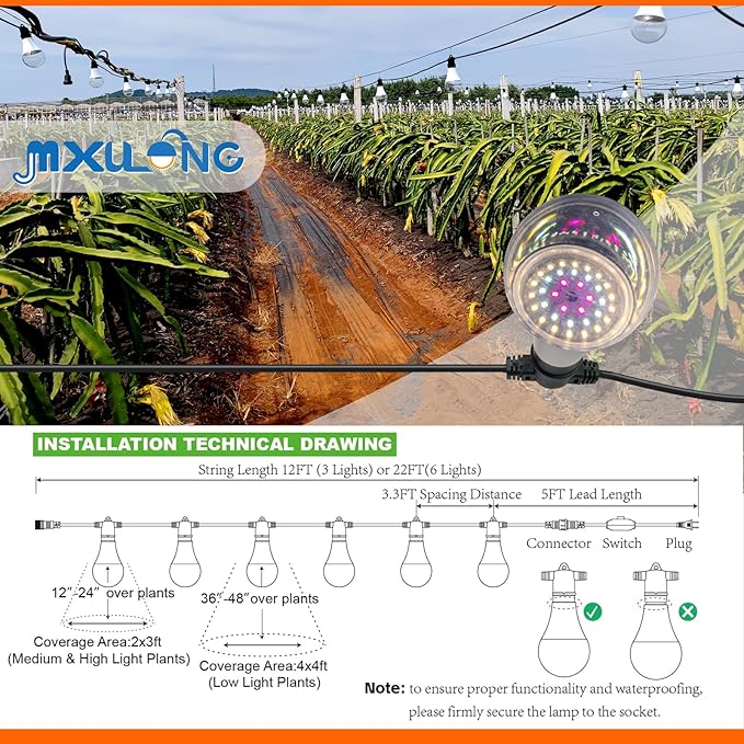Grow Light Bulbs LED Growth Bulb A25, Full Spectrum Plant Light E26 Base 15W, houseplant Growting lamp, Seed Start, Greenhouse Indoor or Outdoor (Grow Bulb (6 Lights and Cord))