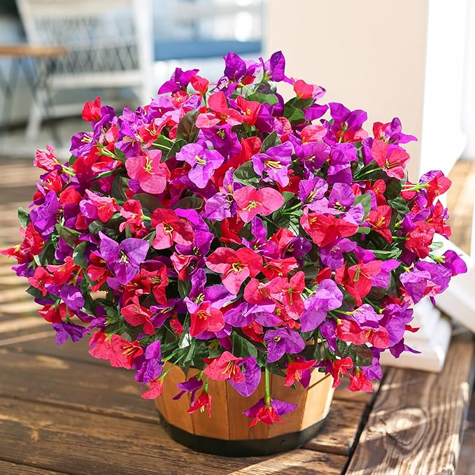 Artificial Fake Flowers for Outdoors Bougainvillea Spring Summer Outside Decor, 4 Bundles Realistic Silk Flower Plants UV Resistant Faux Flowers for Outdoor Planters Patio Porch Window Garden Home