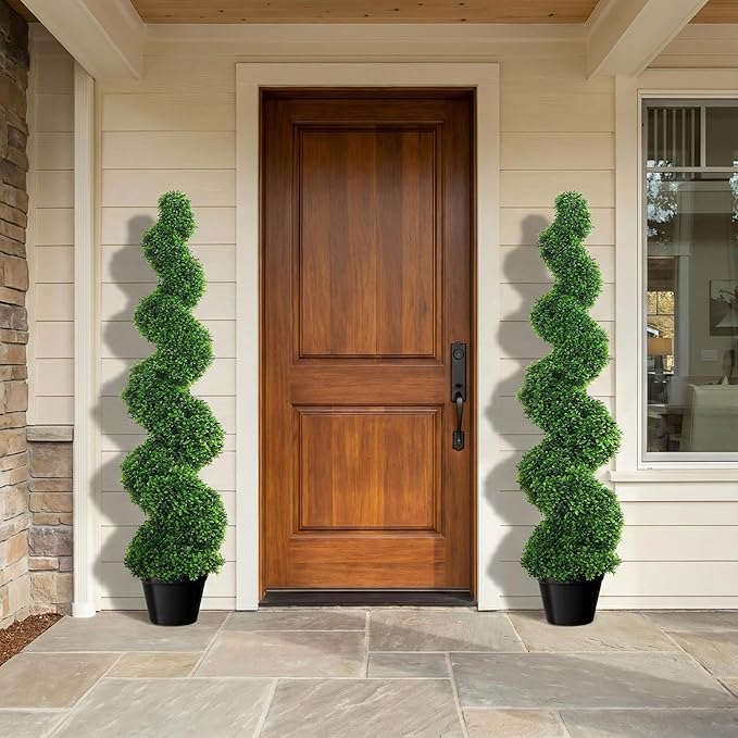 3ft Spiral Boxwood Topiary Trees Artificial Outdoor Set of 2, 36 Inch Faux Greenery for Front Porch, Garden Entryway, Artificial Plants Outdoor for Home Decor