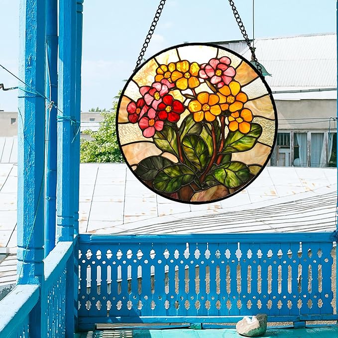 AMDERVEN Stained Glass Window Hanging, Yellow Red Flowers Sun Catcher for Window Door Home Decor Green Plant Suncatcher Christmas Mother's Day Birthday Gifts for Women Men Mom and Nana 6.3 in