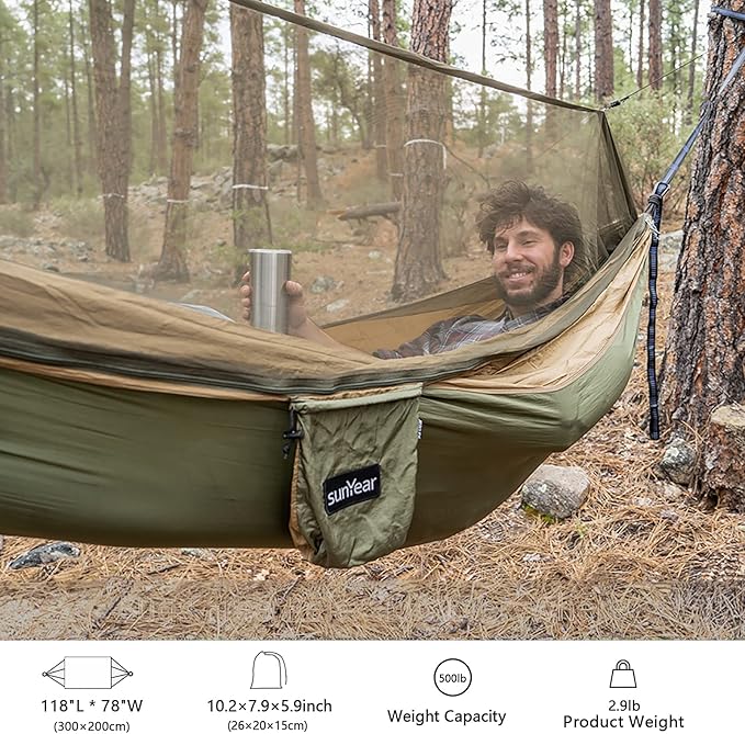 Sunyear Hammock Camping with Rain Fly Tarp and Net, Portable Camping Hammock Double Tree Hammock Outdoor Indoor Backpacking Travel & Survival, 2 Tree Straps,100% Waterproof