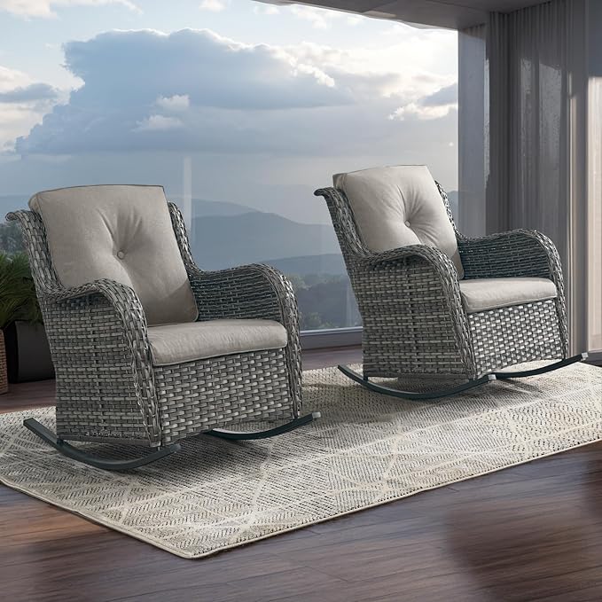 Rilyson Patio Chairs Outdoor Rocking Chair - 2 Piece Wicker Rattan Rocker Chairs Set with High Back and Deep Seating for Porch Deck Garden Backyard(Mixed Grey/Grey)