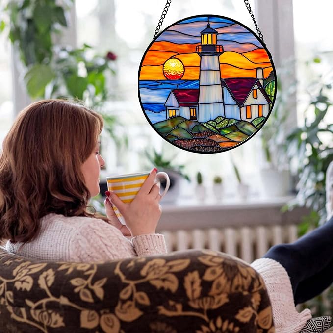 Stained Glass Window Hanging - Sea Lighthouse Suncatcher for Door Terrace Garden Home Decor Sunset Beach Scenery Sun Catcher Birthday Gifts for Lovers Women Men Dad Mom Nana 11.8 in