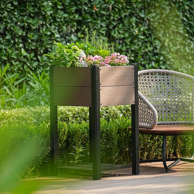 19" l x 33"h HDPE Elevated Garden Bed with Storage Shelf - Wood Grain Finish, All-Weather Standing Planter Box with Sturdy Black Aluminum Frame for Vegetables, Herbs on Patio, Balcony & Outdoors