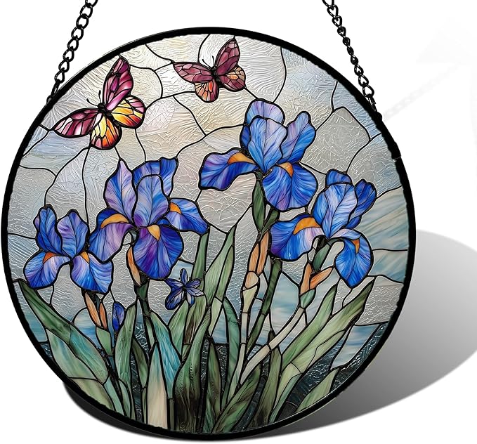 Stained Glass Window Hanging, Blue Iris Flowers Butterfly Suncatcher Diamond Colorful Glass Panel Sun Catchers Decor for Birthday for Women, Men, Wife, Aunt, and Mom 15x15 in