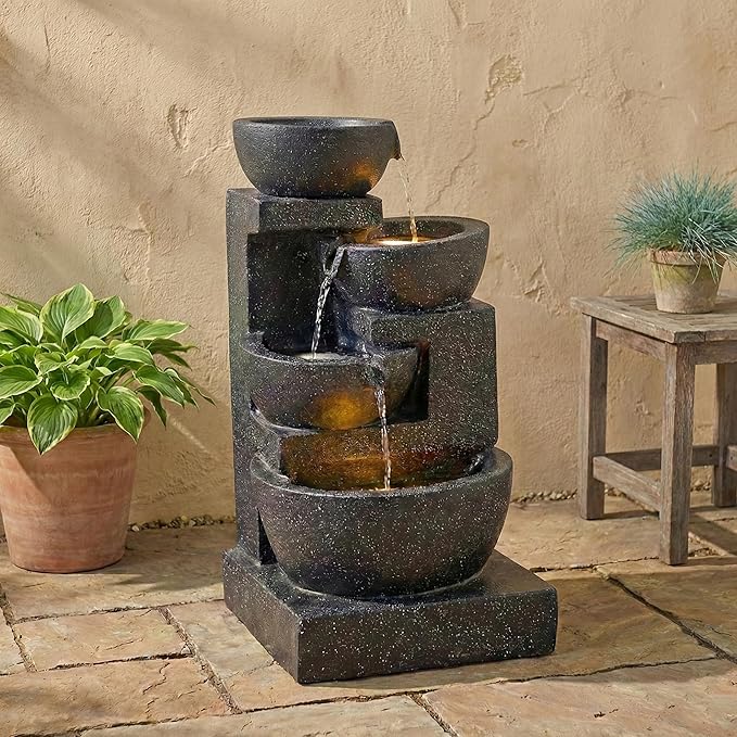 29" H Terrazzo Style Outdoor Water Fountain, 4-Tier Cascading Bowls with Stacked Stone Design and LED Lights, Freestanding Resin Water Feature for Garden Patio Porch