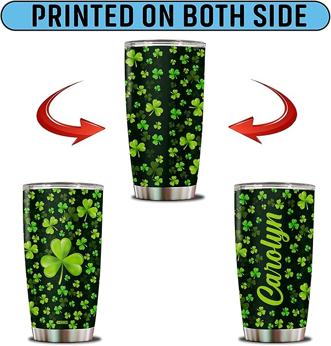 WONWIX Personalized Green Irish Shamrocks Tumbler For Women with Lid Insulated 20 oz Stainless Steel Water Bottle Coffee Cup Travel Mug Gift For Mom Daughter Wife Girls