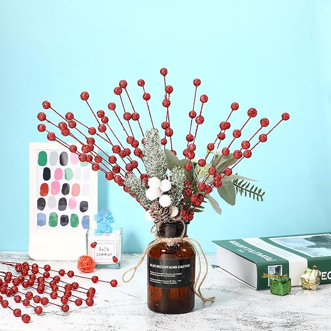 Syhood 200 Pcs Glitter Berry Stems, 13.8 Inches Christmas Berry Picks Holly Branches for Christmas Tree Decorations, Holiday Ornaments Home Decor and DIY Crafts(Red)