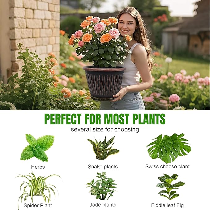 Usocik 6 Pack 8 Inch Retro Plant Pots, Vintage Striped Flower Pots with Drainage Hole & Saucer, Large Plastic Planters for Indoor and Outdoor Plants, Decorative Garden Pots(Copper)