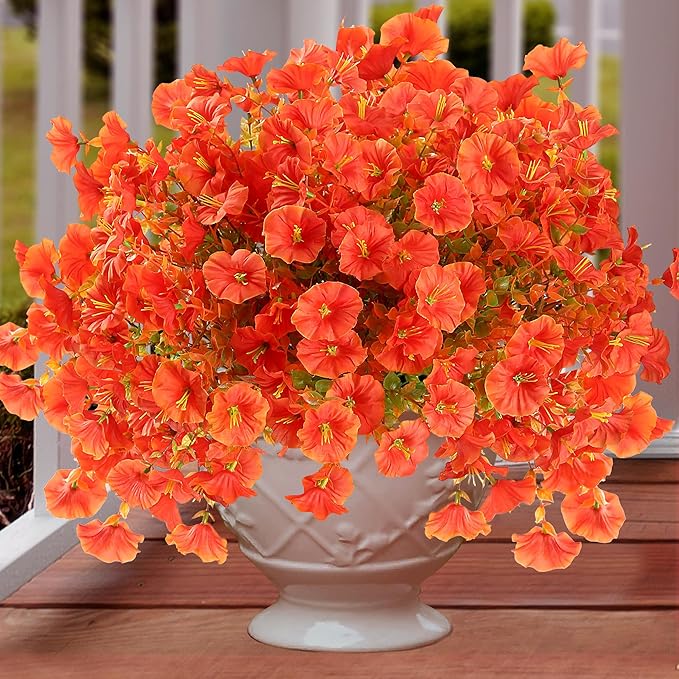 Artificial Flowers for Outdoors 12 Bundles Realistic Faux Plants UV Resistant Fake Silk Morning Glory with Eucalyptus for Front Door Planter Patio Porch Fall Thanksgiving Autumn Decoration (Orange)