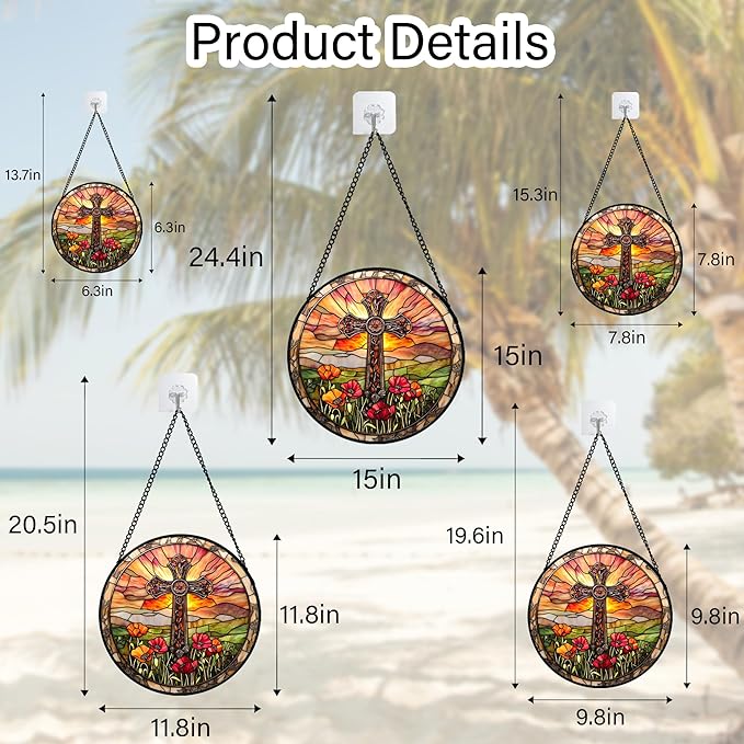 JOSUMALY Christian Gifts for Women - Cross Stained Glass Window Hanging Jesus Easter Poppy Sunset Landscape Sun Catcher Garden Religion Decor Mother's Day Catholic Gift for Men Grandma Mom Her 11.8"