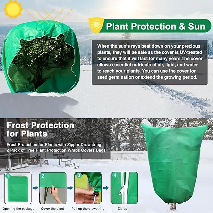 4 Pack Winter Plant Covers Freeze Protection, 47 "x 31" Thickened Frost Blankets for Outdoor Plants, Fruit Trees, Shrubs & Potted Plants | Reusable Cloth Plant Covers Jacket with Drawstring-Green