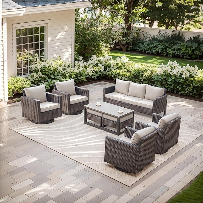 Rilyson Wicker Outdoor Patio Furniture Set - 8 Piece Patio Conversation Set with 4 Swivel Rocker Chairs,2 Rattan Ottoman,1 Couch and 1 Metal Coffee Table for Outside Porch Deck Backyard(Brown/Beige)