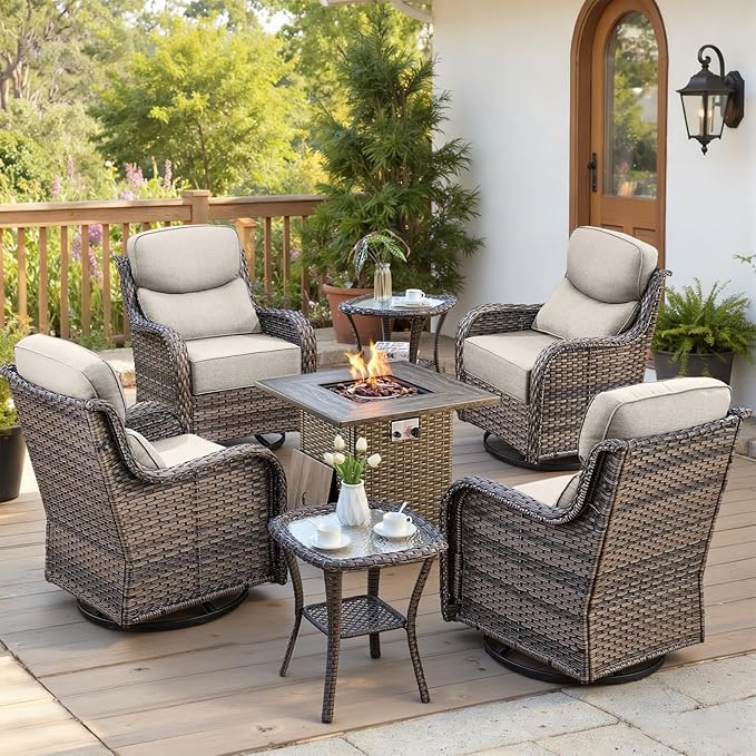 Belord Luxury 6" Thick Cushioned Outdoor Swivel Rocker Chairs Set of 4 with Fire Pit Table, High Back Wicker Patio Furniture Set with Ergonomic Zone Back, Conversation Set for Deck Porch - Grey+Beige