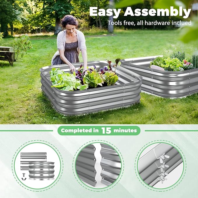 Galvanized Raised Garden Bed, 3x3x1ft Garden Planter Bed Outdoor, Heavy Duty Rustproof Steel Raised Bed Kit for Gardening Vegetables Fruits Flowers Grow, Silver