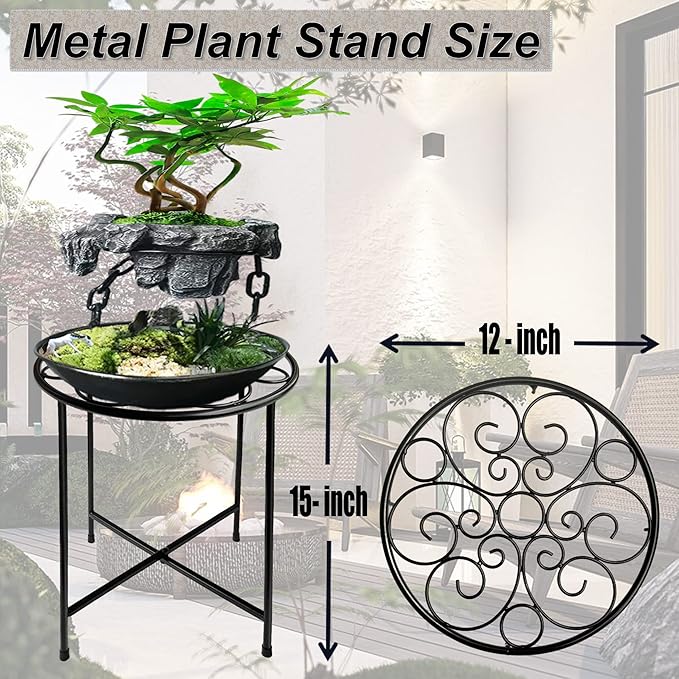 ZEECER Plant Stand, 15'' Tall Indoor Outdoor Set of 1, Retro Design Round, Rust-Proof Coated Metal Pot Stand for Flowers, Patio Garden Home Decor - Black