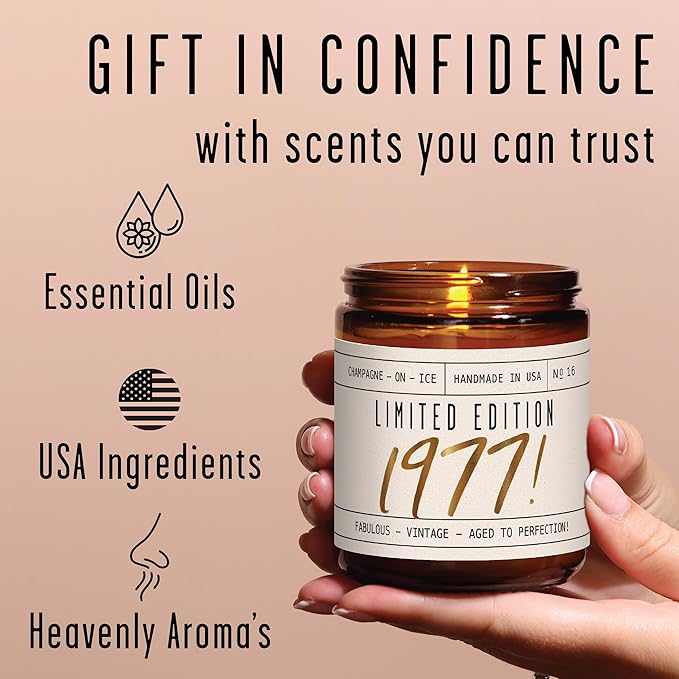 49th Birthday Gifts for Women - 'Limited Edition 1977' Soy Candle, w/Champagne on Ice I 49 Birthday Gift for Her Ideas I 9oz Reusable Jar, 50Hr Burn, Made in USA