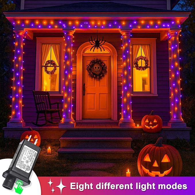 120 LED Orange and Purple Christmas Lights 40 FT String Lights Indoor Outdoor Clear Wire with 8 Modes, Plug in Waterproof Christmas Light for Tree Party Bedroom Thanksgiving Decorations