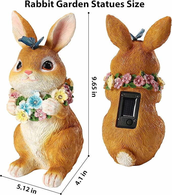 ZhiYo-GD Solar Garden Statues Outdoor Decor, Rabbit Statue with Butterfly & Flowers, Yard Decoration with 6 LED Lights for Patio, Balcony, Backyard, and Lawn, Unique Gift for Mom, Grandma Christmas