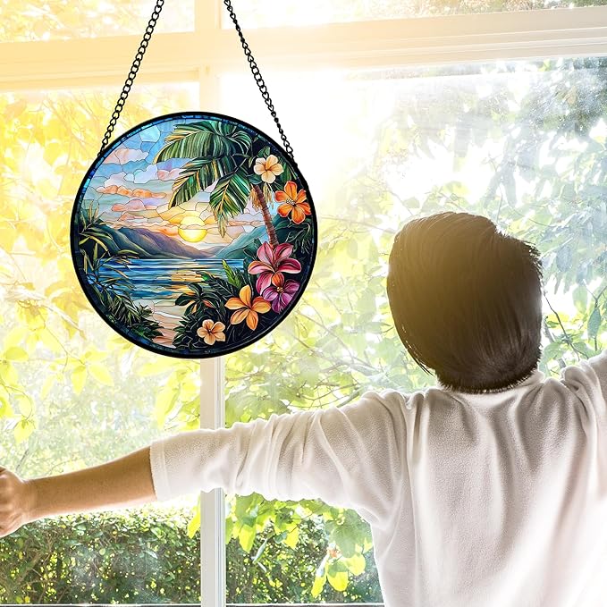 DASTOLL Stained Glass Window Hanging, Colorful Landscape Suncatcher for Doors Home Sun Catchers Decoration and Christmas, Mother's Day Birthday Gifts for Women, Men, and Mom 7.8 in