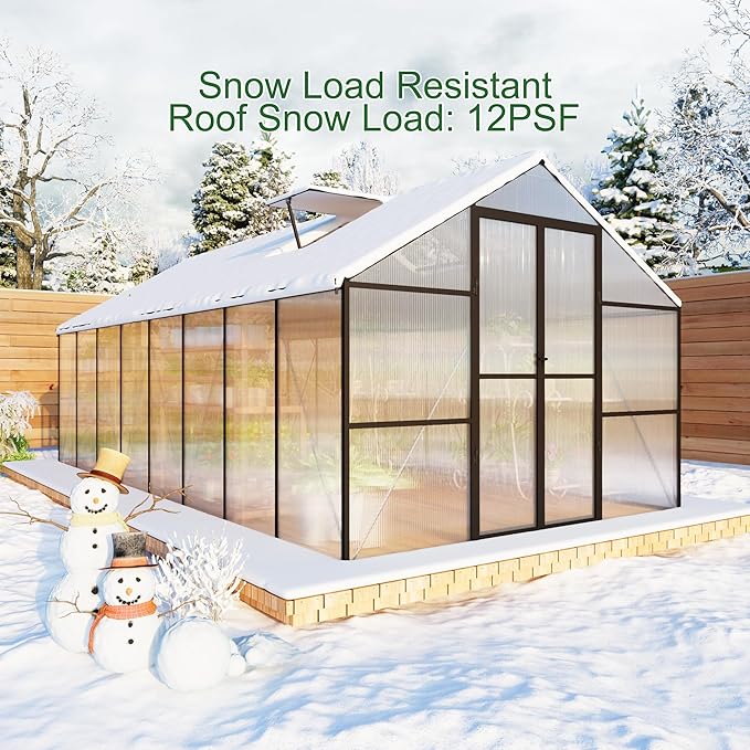 8X16 FT Large Greenhouses, 6 FT Height Aluminum Walk in Greenhouse with 2 Roof Vent, Quick Setup Polycarbonate Greenhouse with Rain Gutter for Outdoor Backyard Garden, Black