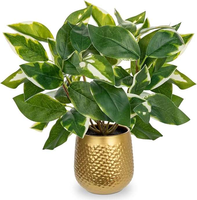 Oairse Articicial Plants Indoor Small Fake Plants in Pots Faux Pothos N‘ Joy Potted Plant Fake Indoor Plants with Gold Pots for Bathroom Living Room Office Desk Shelves