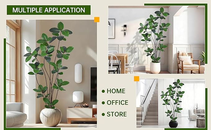 Artificial Green Rubber Tree 7FT with 68 Glossy Leaves & 10 Heads & Black Pot Lifelike Tall Large Faux Tropical Ficus Elastica Plant 84 Inch for Indoor Home Office Store Corner Modern Decor