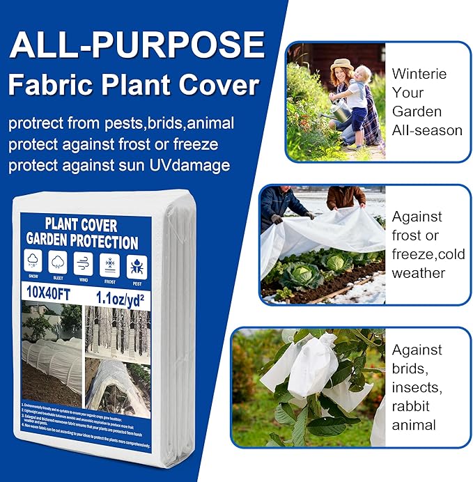 eisoco Plant Covers Freeze Protection, 10 * 40FT 1.1 oz/yd² Large Thick Frost Blankets for Outdoor Plants in Winter, Floating Row Cover for Vegetable Garden, Frost Cloth Plant Freeze Protection
