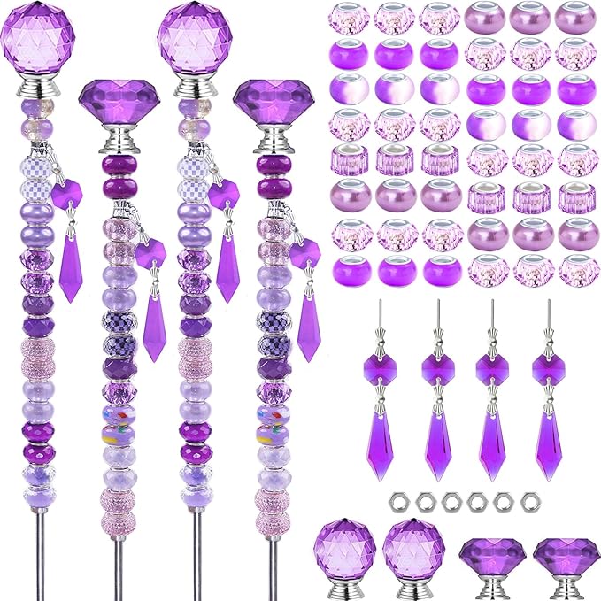 121 Pcs DIY Fairy Wand Beaded Garden Stakes Kit, Fairy Wands Garden Kit Purple Large Hole Bead with Pendants Crystal Stopper Top Threaded Rod Beaded Garden Stakes Supplies for Outdoor Decorative