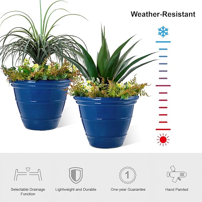 Glitzhome 19.5" D Large Flower Pots, Cobalt Blue Faux Ceramic Finish Plastic Tall Planters, Tall Planters for Outdoor Plants with Drainage Holes, Round Plant Pots for Front Porch Patio Deck, Set of 2