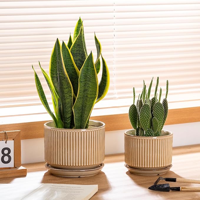 Beige Ceramic Planter Set of 3, Indoor Plant Pots with Drainage Hole, Saucer & Mesh Pads, Ceramic Striped Decorative Plant Pots for Indoor Plants, Garden Pots, Outdoor and Indoors Planters (Beige)