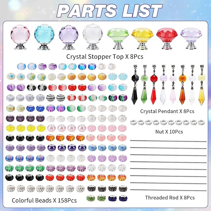 192Pcs DIY Fairy Wand Beaded Garden Stakes Kit, Fairy Garden Stakes Beads and Rods with Sparkling Crystal Pendants, Suitable for Garden Decorative Outdoor Beadable Items(10IN)
