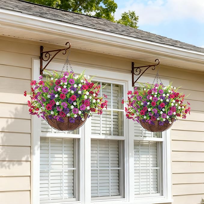 Artificial Fake Flowers Basket for Spring Outdoor Decor, Faux Mums Floral Hanging Plant for Summer Outside Decor, Silk Daisy with Eucalyptus Leaves for Home Patio Garden