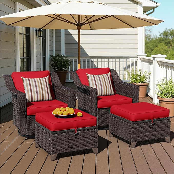4 Pieces Patio Conversation Furniture Set - 2 Swivel Chairs, 2 Ottomans, Outdoor Wicker Furniture with Removable Cushions for Porch, Balcony, Sunroom (Red)