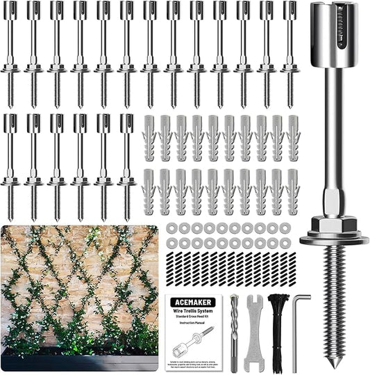 Acemaker Wire Trellis for Climbing Plants Outdoor, 20-Set Wall Trellis Kit for 5/64"(2mm) Wire Ropes, T316 Espalier System for Fence and Garden DIY Projects (Hubs Only, Without Cable)