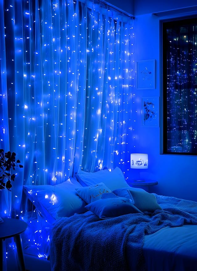 Brightown 300 LED Blue Fairy Curtain Lights, 9.8ft x 9.8ft String Lights, USB Plug in 8 Lighting Modes Christmas String Hanging Lights with Remote for Bedroom Indoor Outdoor Party Xmas Blue 1 Pack