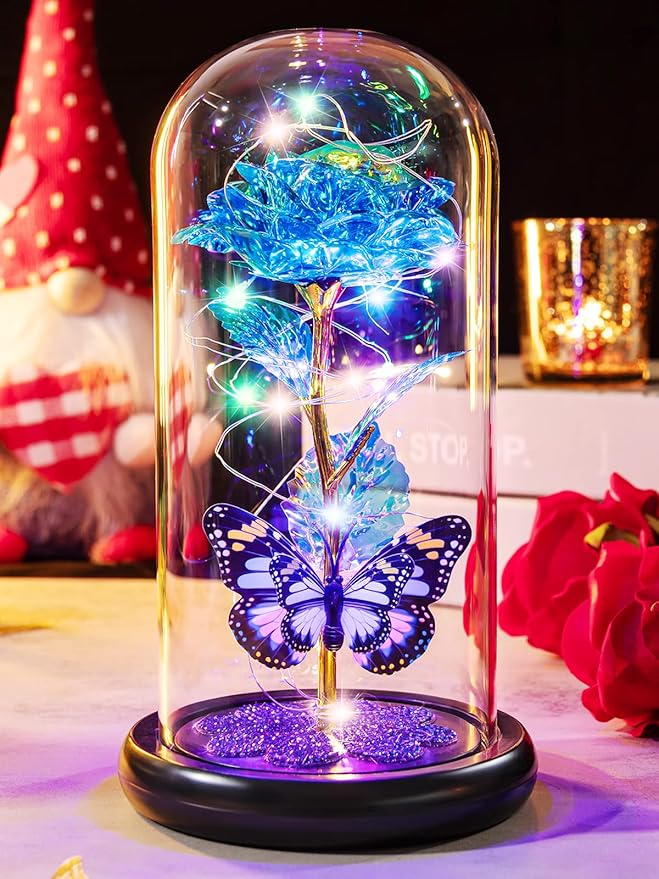 Valentines Day Rose Gifts for Her, Birthday Gift for Women Galaxy Glass Rose in Glass Dome Forever Eternal Crystal Flower with Butterfly Valentine Gifts for Women Daughter Mom Wife Girlfriend Blue