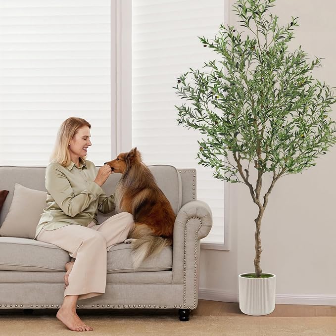 7ft Artificial Olive Tree Potted, Faux Indoor Plants with Natural Wood Trunk & Lifelike Fruits, Realistic Tall Fake Tree for Home Office Decor, Housewarming Gifts