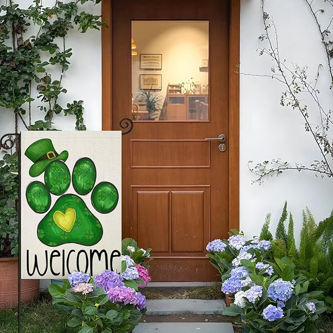 Welcome St Patricks Day Garden Flags for Outside, Irish Dog Paw with Green Hat Lucky Shamrocks Yard Decoration, Small Seasonal Outdoor Decor for Farmhouse Holiday,12x18 Inch Double Sided