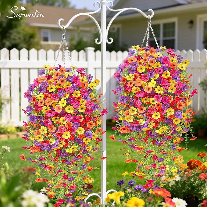 Serwalin 12PCS Artificial Fall Flowers for Outdoors Decoration, Realistic Silk Artificial Fall Hanging Flowers for Patio, Garden, Porch, Window, Outside (Yellow, Hot Pink, Purple &Orange,12PCS)