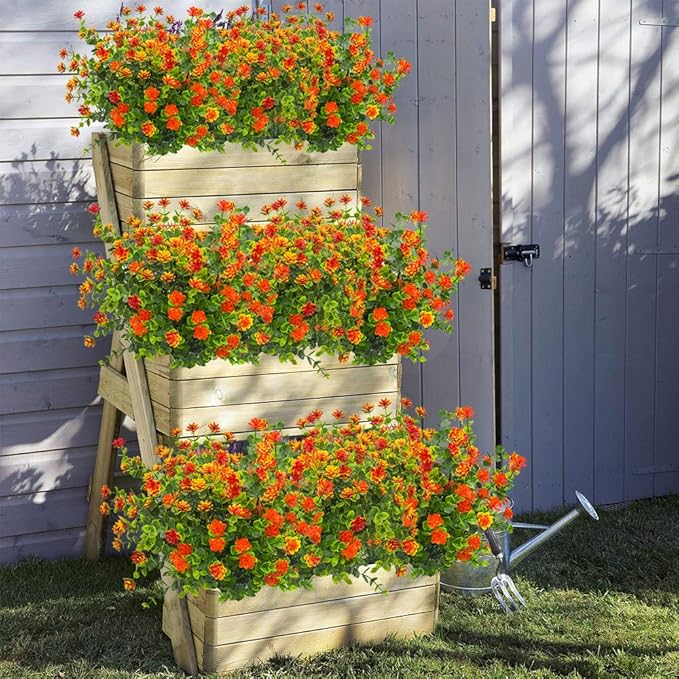 Grunyia 10 Bundles Artificial Fake Flowers, Faux Outdoor Plastic Plants UV Resistant Shrubs Outside Indoor Decorations (Orange-Eucalyptus)