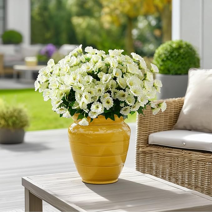 Artificial Morning Glory Flowers Plants for Outdoor 8 Pcs Faux Silk Petunias Flower Realistic Faux Flowers Plants for Outside Planter Porch Yard Patio Balcony Home Indoor Decor (8 Pcs Beige)