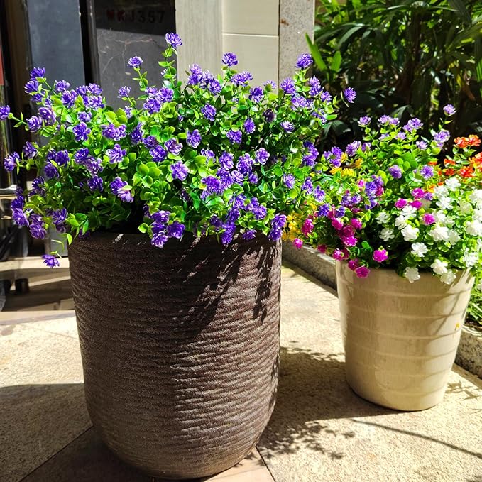 Grunyia 12 Bundles Artificial Flowers for Outdoors, UV Resistant Fake Flowers with Plastic Plants, Faux Flowers for Outside Window Box Front Porch Hanging Planter Decor (Purple)