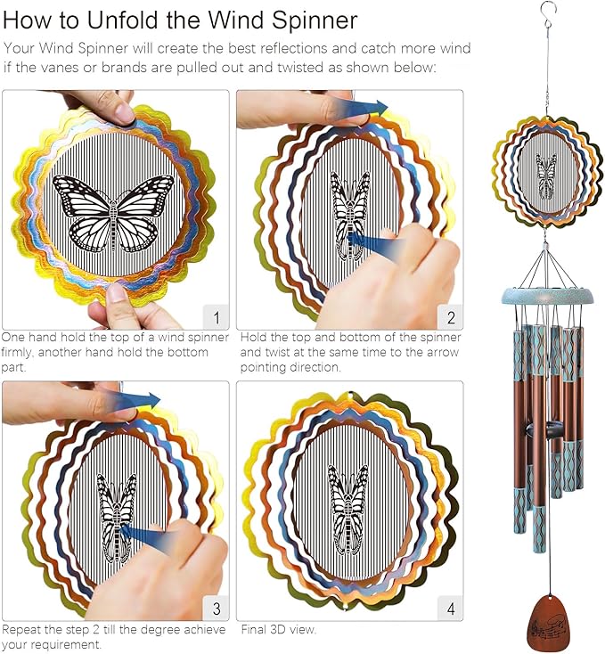 Aoedelyart Wind Chimes for Outside with 3D Animations Butterfly Wind Spinner,37" Memorial Wind Chimes Outdoor Garden Decor,Butterfly Gift for Women Mom Grandma Wife,Patio Decorations,Garden Ornaments