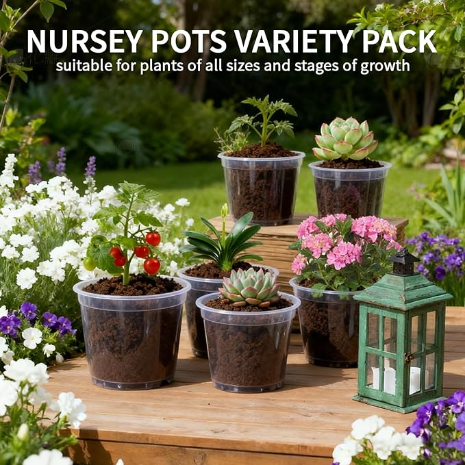 Plgardpo Clear Nursery Pots, 5/6/7 Inch Transparent Plastic Plant Pots with Drainage Holes, Variety Pack Seed Starting Pots, Flexible Clear Flower Pots for Indoor Outdoor Plants, 15 Packs