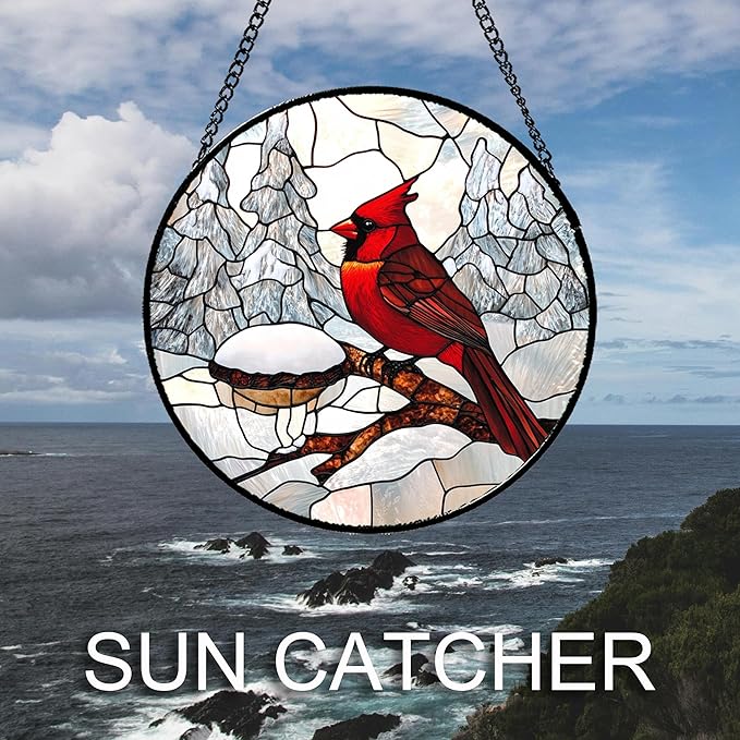 Stained Glass Window Hanging Cardinal Bird Winter Snow Scene 6.3" - Suncatcher Door Garden Sunroom Sun Catcher Home Decor Birthday Christmas for Mom Men Woman Nana