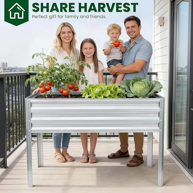 1MORE Elevated Raised Garden Bed with Legs, 48×24×32in Large Metal Raised Bed for Backyard, Patio, Balcony. Raised Planter Box with Drainage Holes for Plants Vegetables Flowers Fruits(Sliver-2pcs)