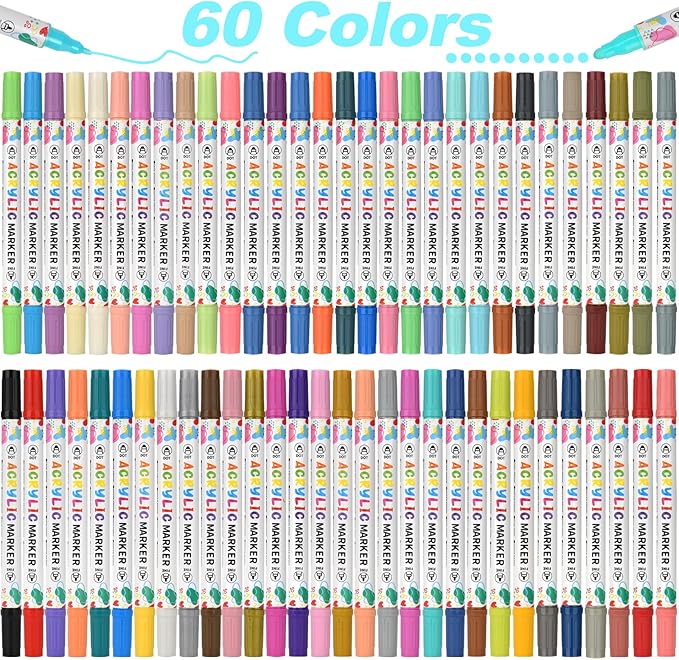 KEMYR 60 Colors Acrylic Paint Pens, Dual Tip Acrylic Paint Markers for Paper, Wood, Canvas, Stone, Rock Painting, Glass, Fabric, DIY, Ceramic, Art Supplies for Adults Drawing (Dot + Fine)